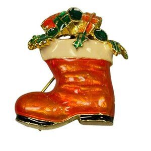 Vintage Christmas Boot Enamel Brooch Pin With Festive Gifts